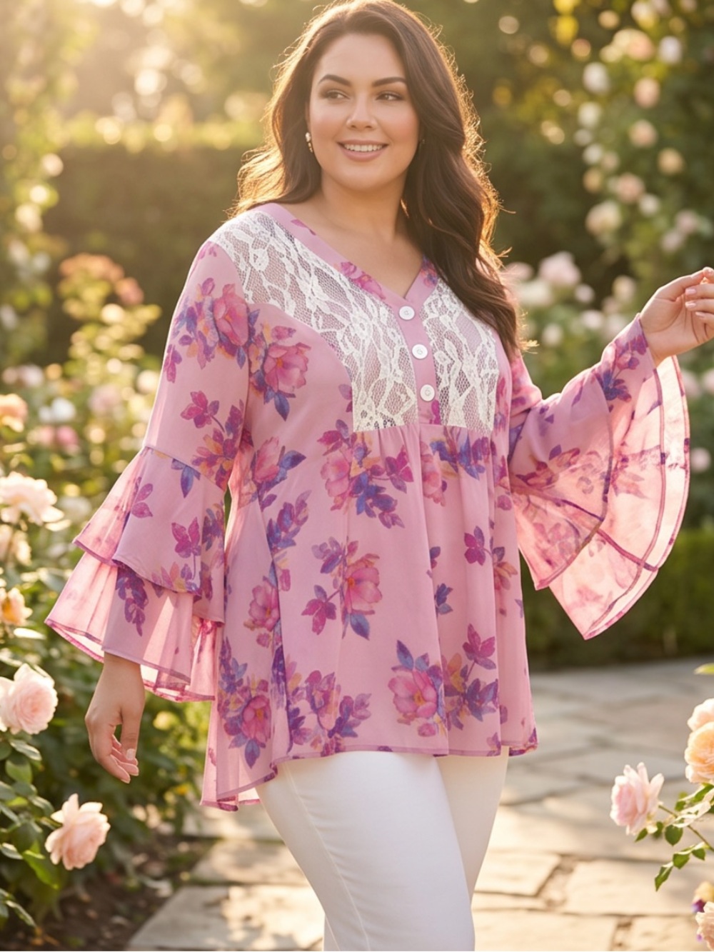 Plus size 2x Pink and White Long Sleeve Tee with Lace Detail